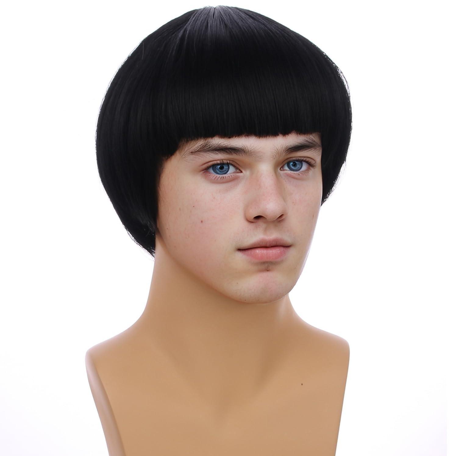 imageBoys Dark Brown Mushroom Wig Kids Short Brown Bowl Cut Wigs Children Synthetic Wigs for Halloween Cosplay Party CostumeBlack