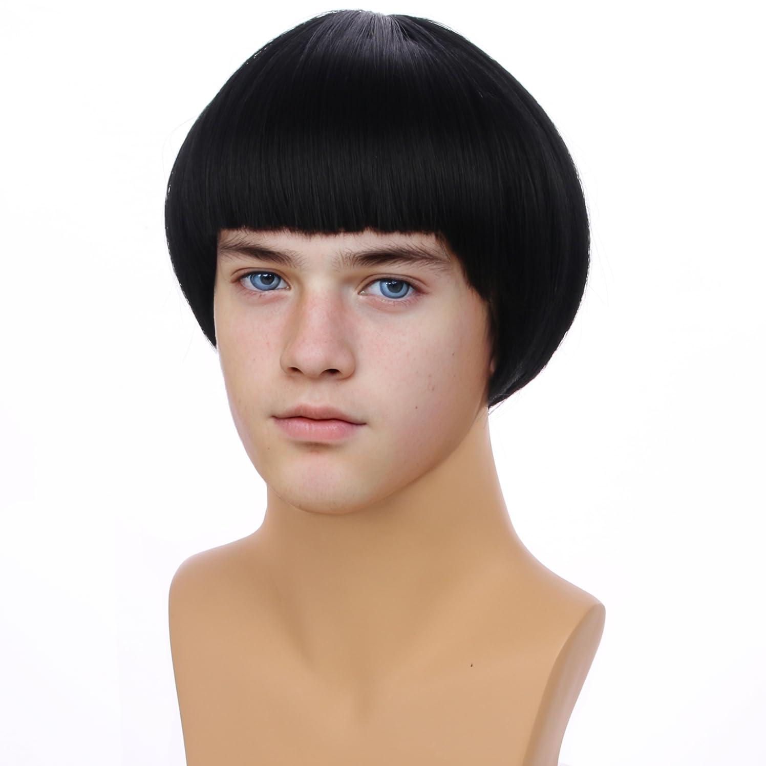 imageBoys Dark Brown Mushroom Wig Kids Short Brown Bowl Cut Wigs Children Synthetic Wigs for Halloween Cosplay Party CostumeBlack