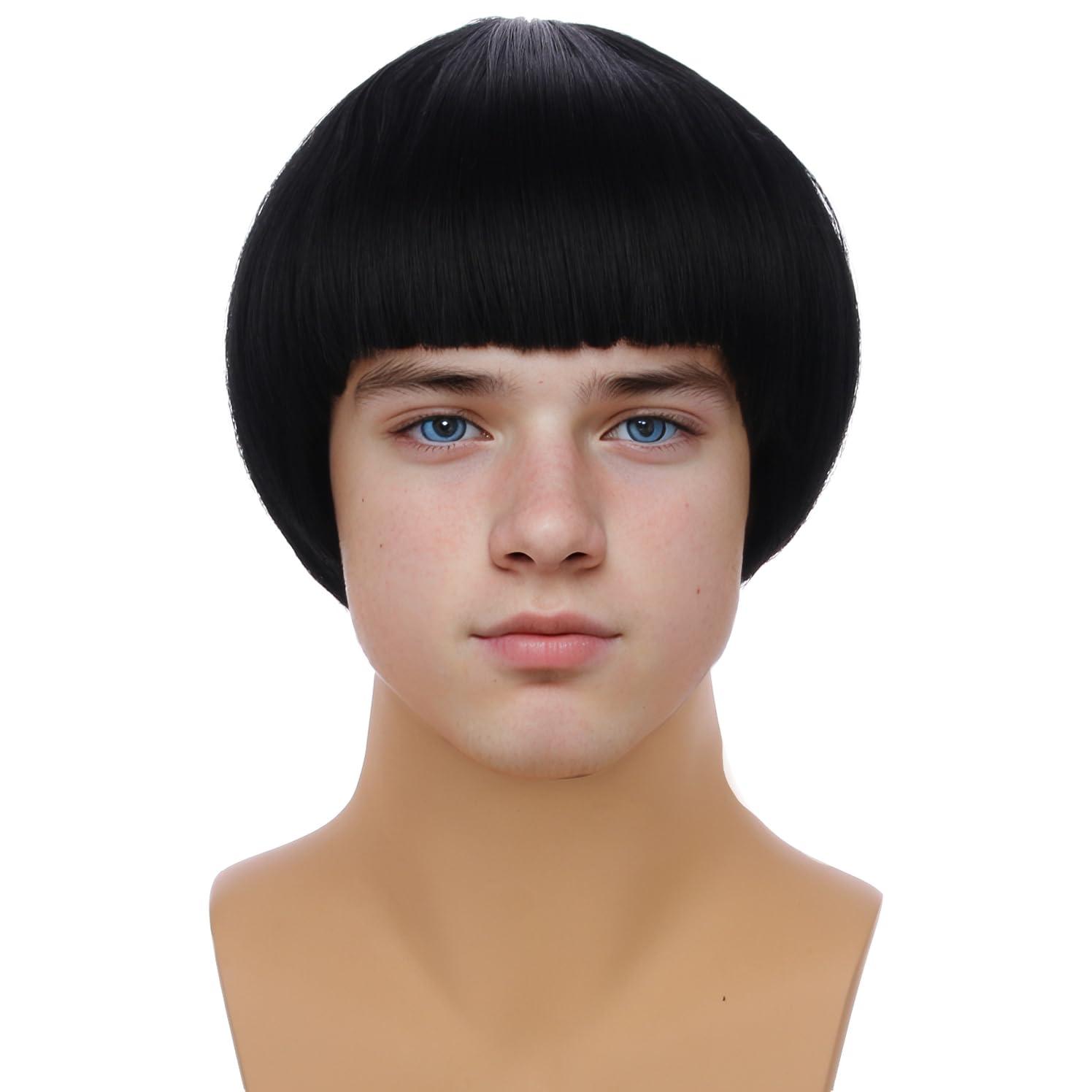 imageBoys Dark Brown Mushroom Wig Kids Short Brown Bowl Cut Wigs Children Synthetic Wigs for Halloween Cosplay Party CostumeBlack