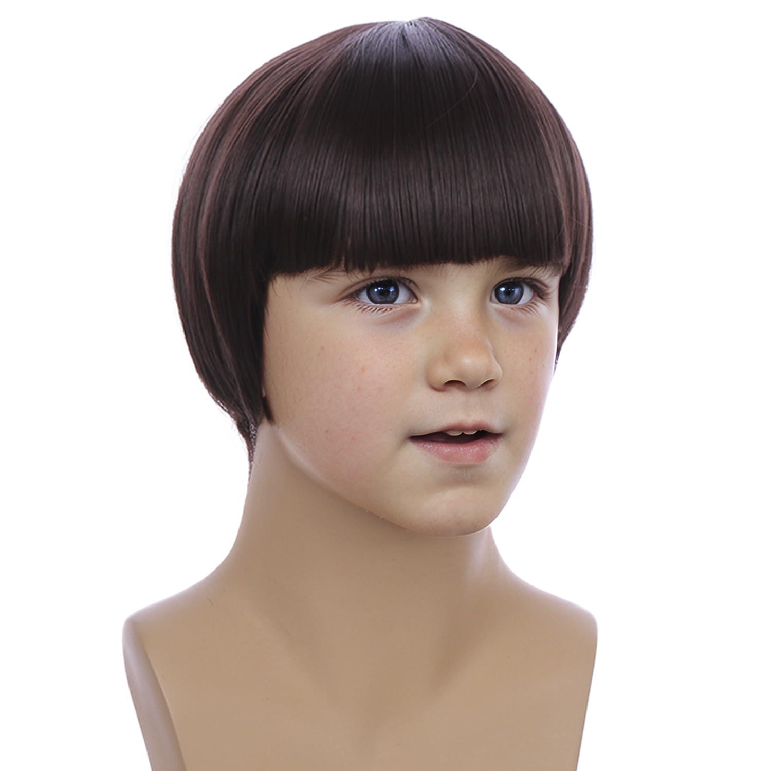 imageBoys Dark Brown Mushroom Wig Kids Short Brown Bowl Cut Wigs Children Synthetic Wigs for Halloween Cosplay Party CostumeBrown