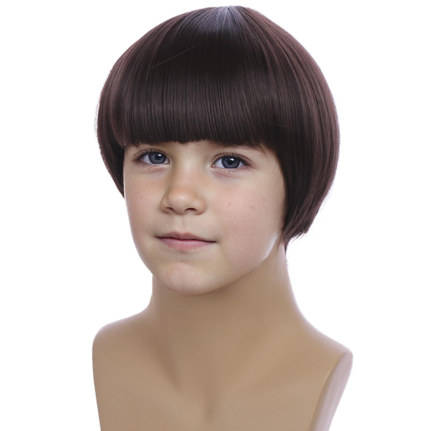 imageBoys Dark Brown Mushroom Wig Kids Short Brown Bowl Cut Wigs Children Synthetic Wigs for Halloween Cosplay Party CostumeBrown