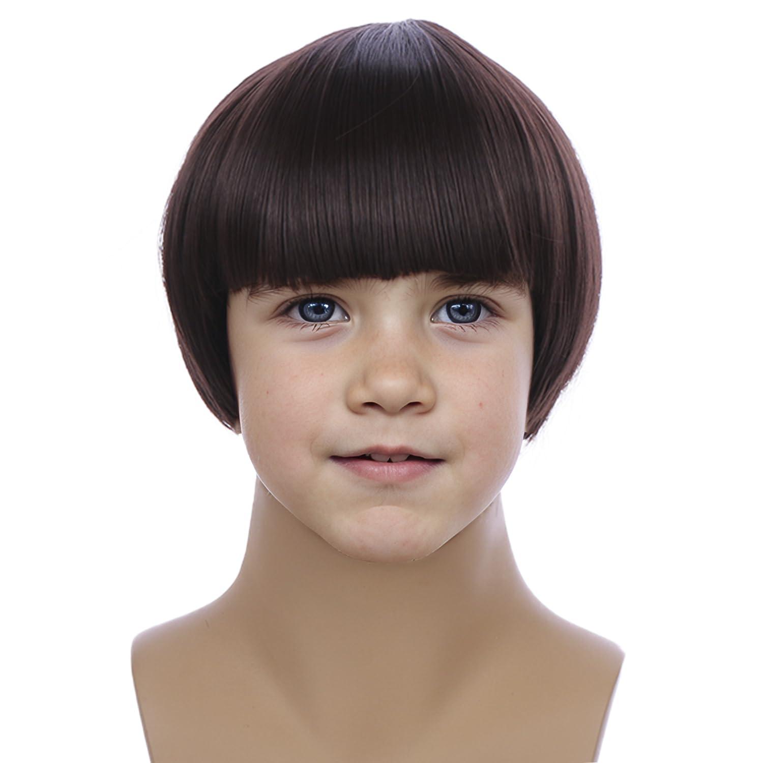 imageBoys Dark Brown Mushroom Wig Kids Short Brown Bowl Cut Wigs Children Synthetic Wigs for Halloween Cosplay Party CostumeBrown