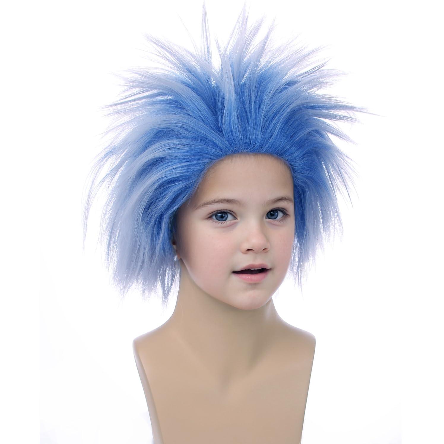 imageCrazy Blue Wig for Kids Boys Short Blue Spkiy Wig Children Blue Ombre Wigs Funny Cosplay Halloween Costume Party Wigs