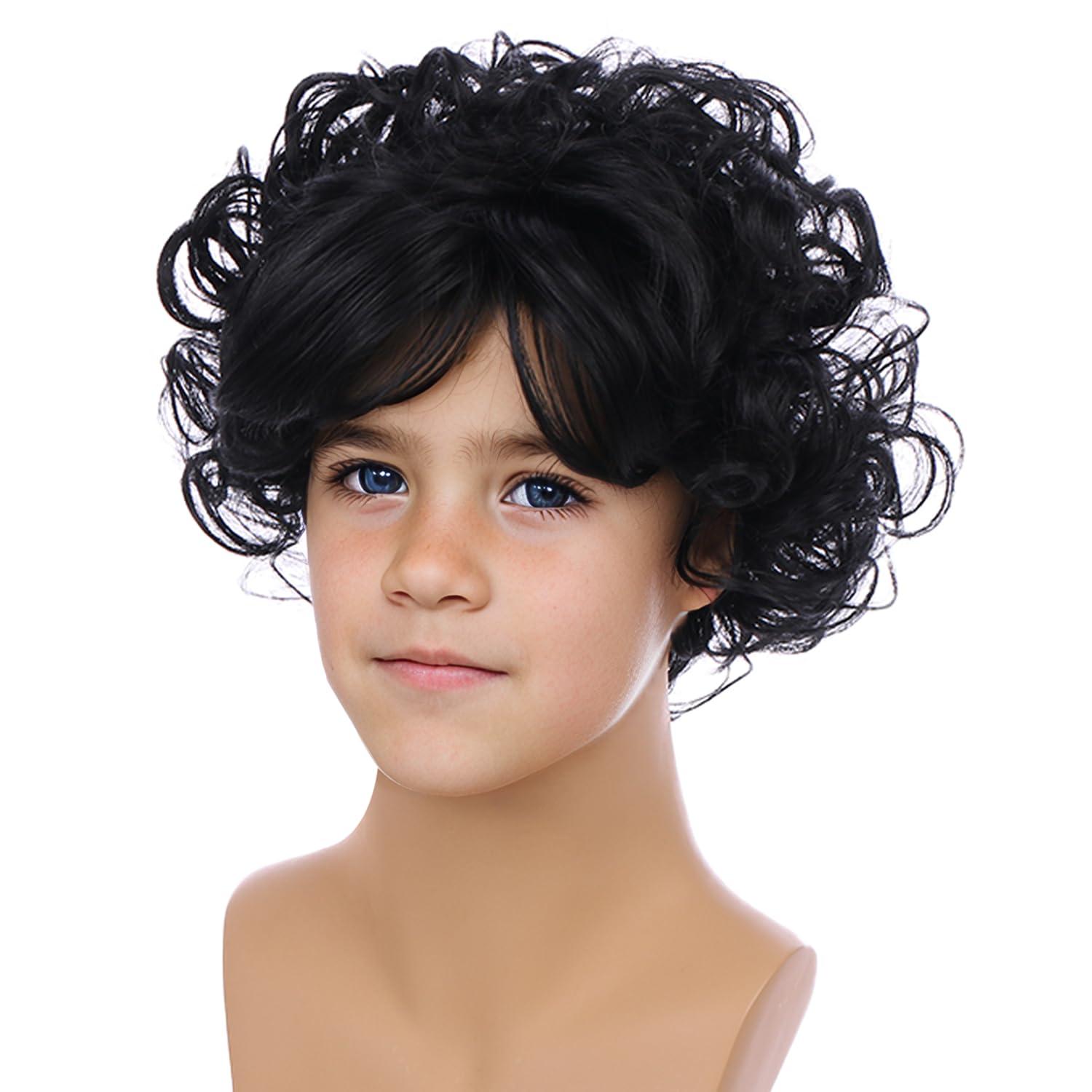 imageDark Brown Curly Wig for Boys Kids Short Brown Curly Cosplay Wigs Children Synthetic Halloween Costume WigsBlack