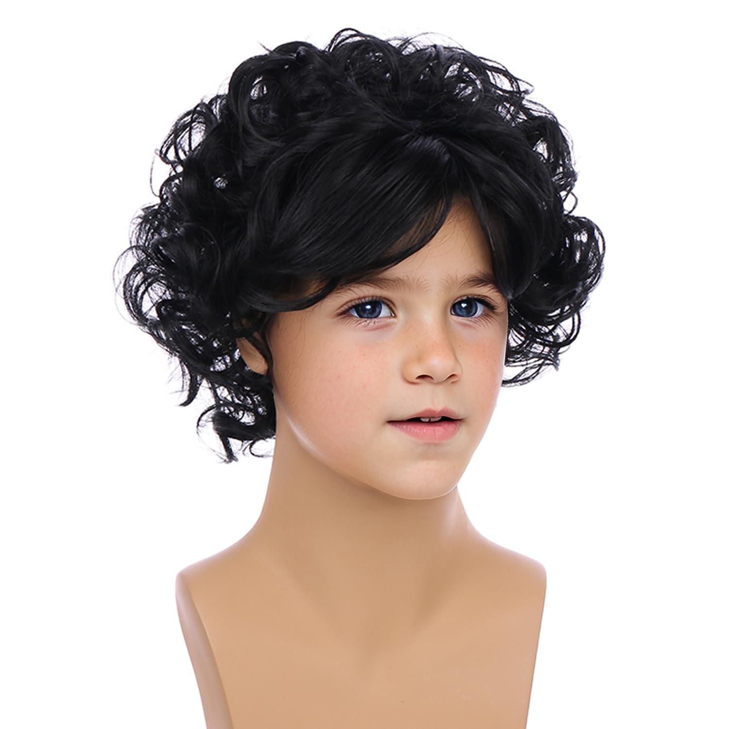 imageDark Brown Curly Wig for Boys Kids Short Brown Curly Cosplay Wigs Children Synthetic Halloween Costume WigsBlack