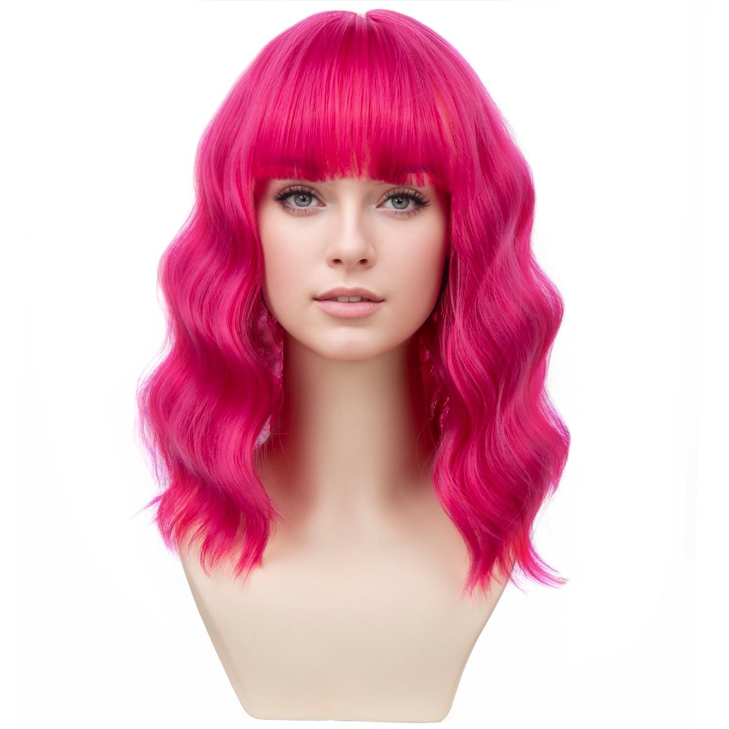 imageFlaxen Blonde Wig Short Curly Mixed Blonde Wig Flaxen Wigs with Bang for Women Girls Synthetic Hair Cosplay Costume WigsHot Pink