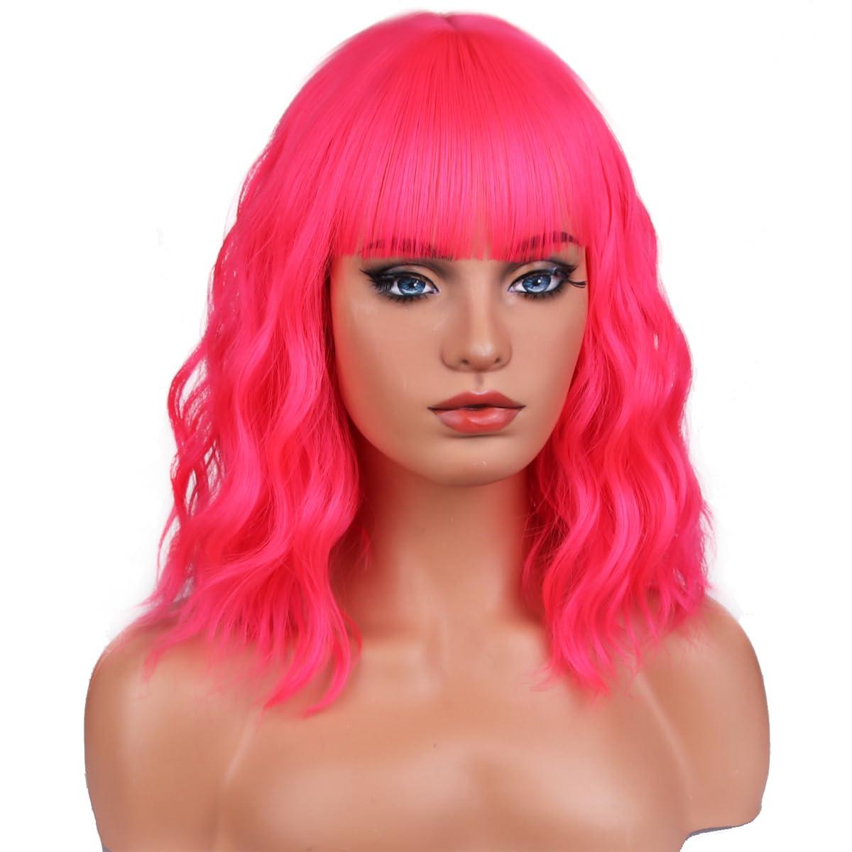 imageFlaxen Blonde Wig Short Curly Mixed Blonde Wig Flaxen Wigs with Bang for Women Girls Synthetic Hair Cosplay Costume WigsNeon Pink