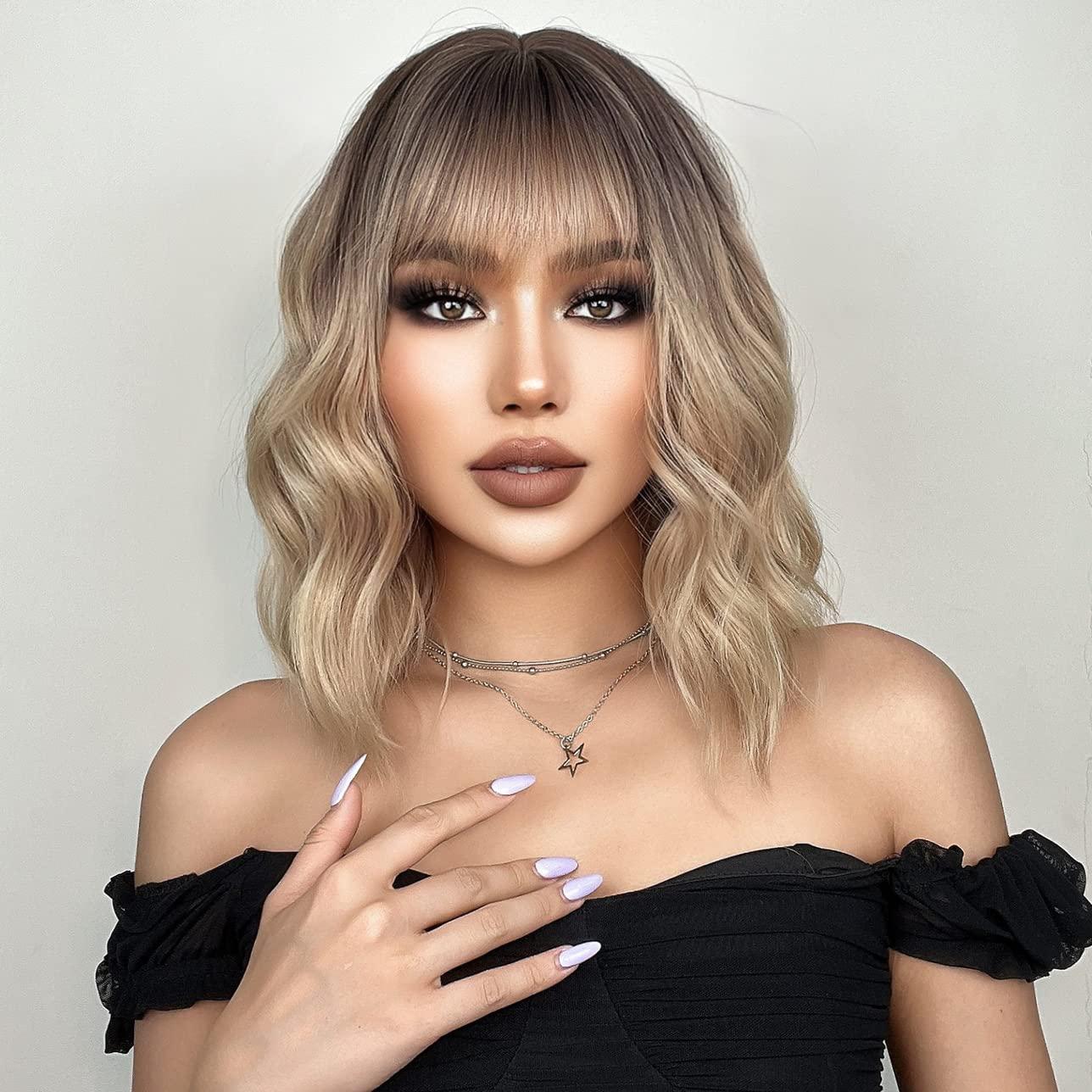 imageFlaxen Blonde Wig Short Curly Mixed Blonde Wig Flaxen Wigs with Bang for Women Girls Synthetic Hair Cosplay Costume WigsOmbre Blonde