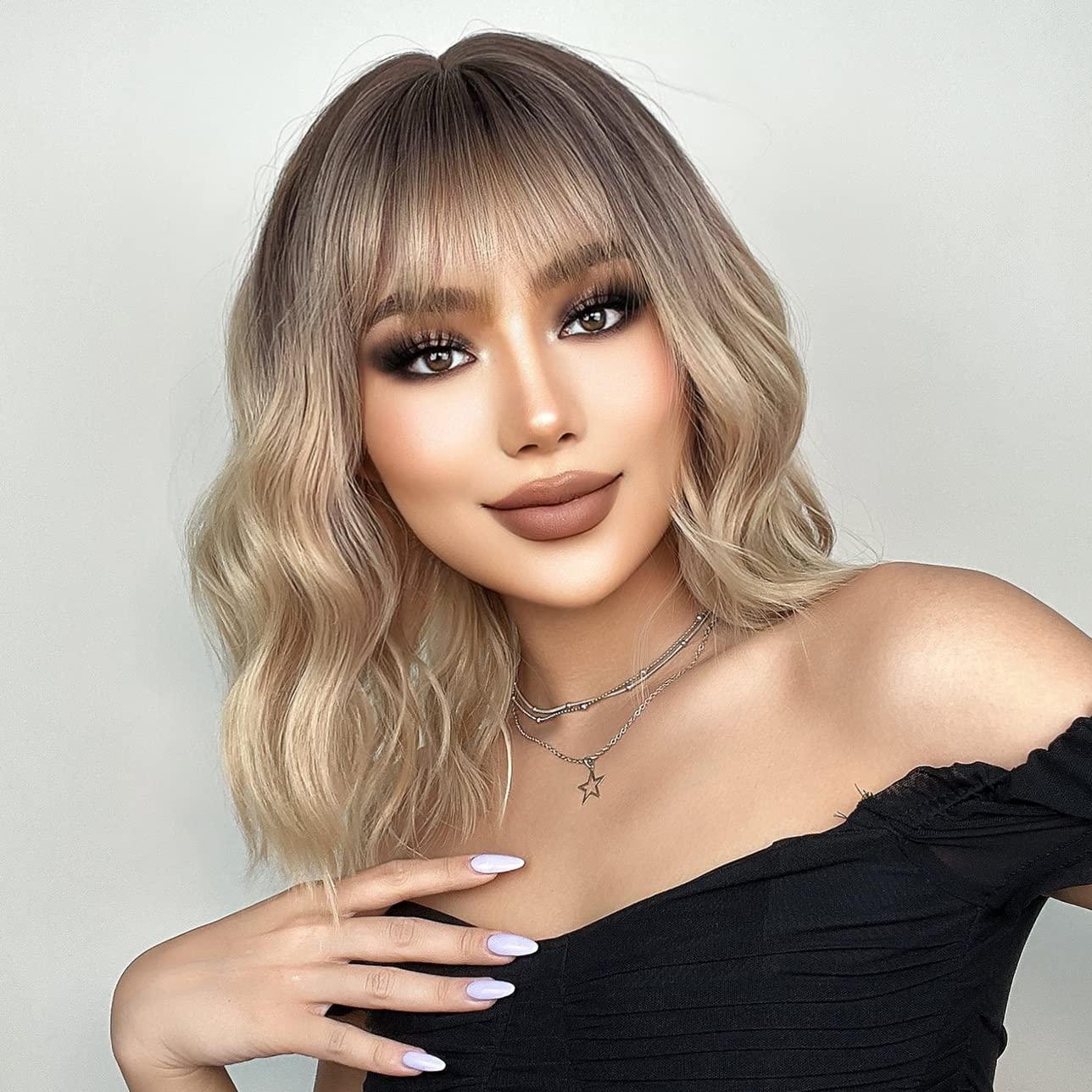 imageFlaxen Blonde Wig Short Curly Mixed Blonde Wig Flaxen Wigs with Bang for Women Girls Synthetic Hair Cosplay Costume WigsOmbre Blonde