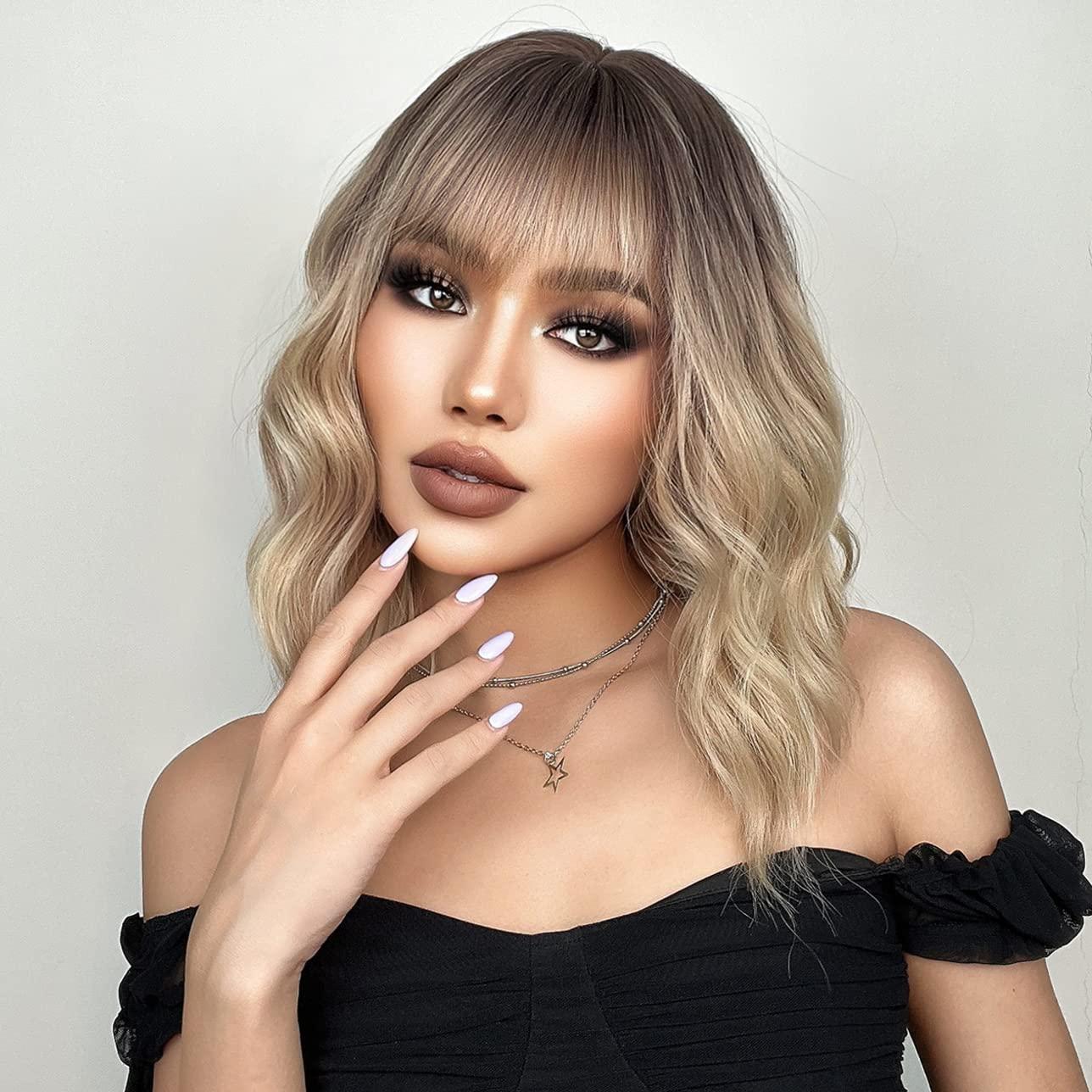 imageFlaxen Blonde Wig Short Curly Mixed Blonde Wig Flaxen Wigs with Bang for Women Girls Synthetic Hair Cosplay Costume WigsOmbre Blonde