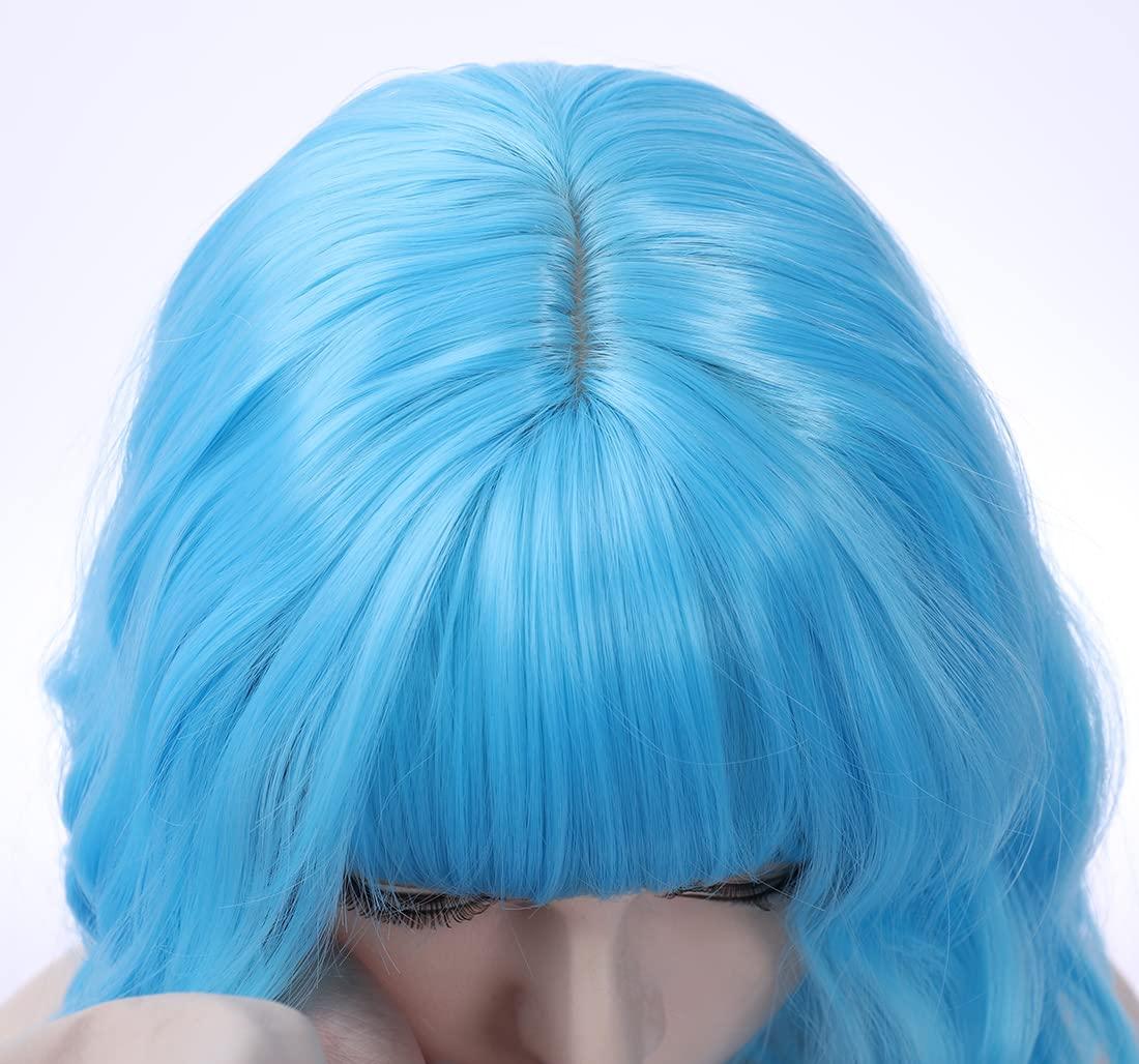 imageFlaxen Blonde Wig Short Curly Mixed Blonde Wig Flaxen Wigs with Bang for Women Girls Synthetic Hair Cosplay Costume WigsSky Blue
