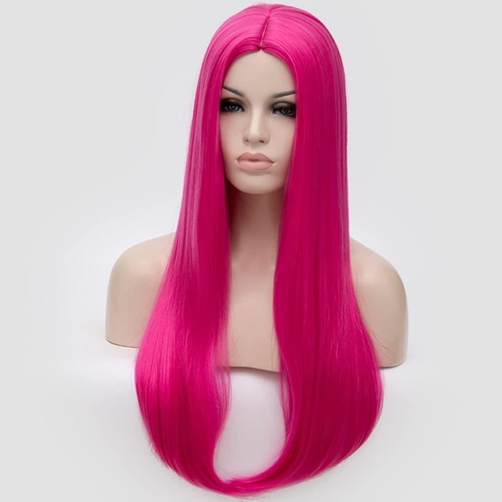 imageFluorescent Green Long Straight Wig Lime Green Wig for Women Middle Part Silky Straight HairHot Pink