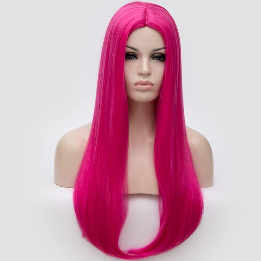 imageFluorescent Green Long Straight Wig Lime Green Wig for Women Middle Part Silky Straight HairHot Pink