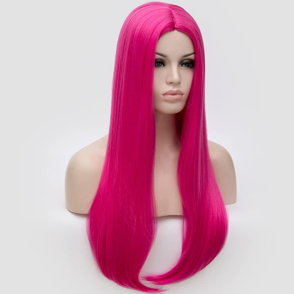 imageFluorescent Green Long Straight Wig Lime Green Wig for Women Middle Part Silky Straight HairHot Pink
