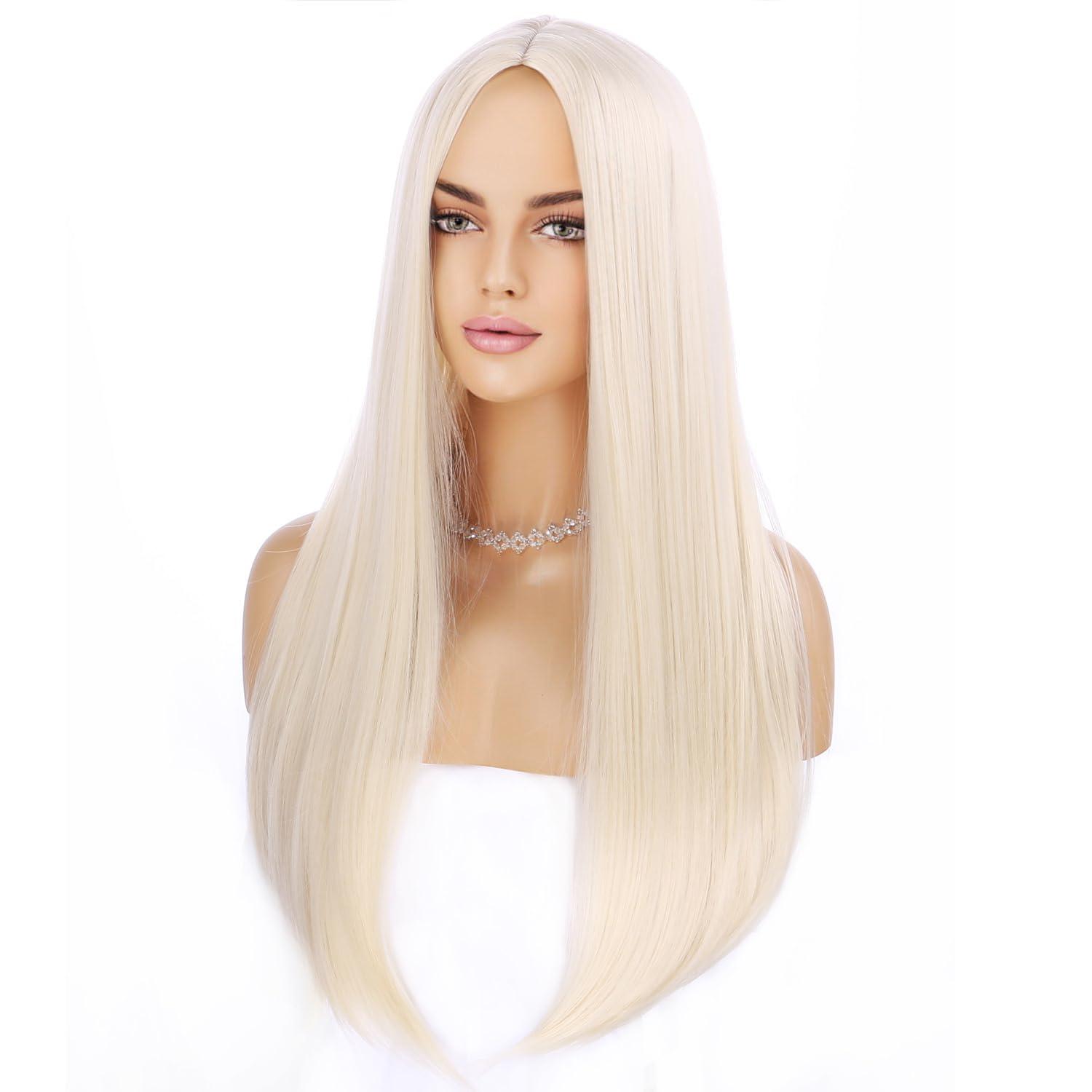 imageFluorescent Green Long Straight Wig Lime Green Wig for Women Middle Part Silky Straight HairLight Blonde