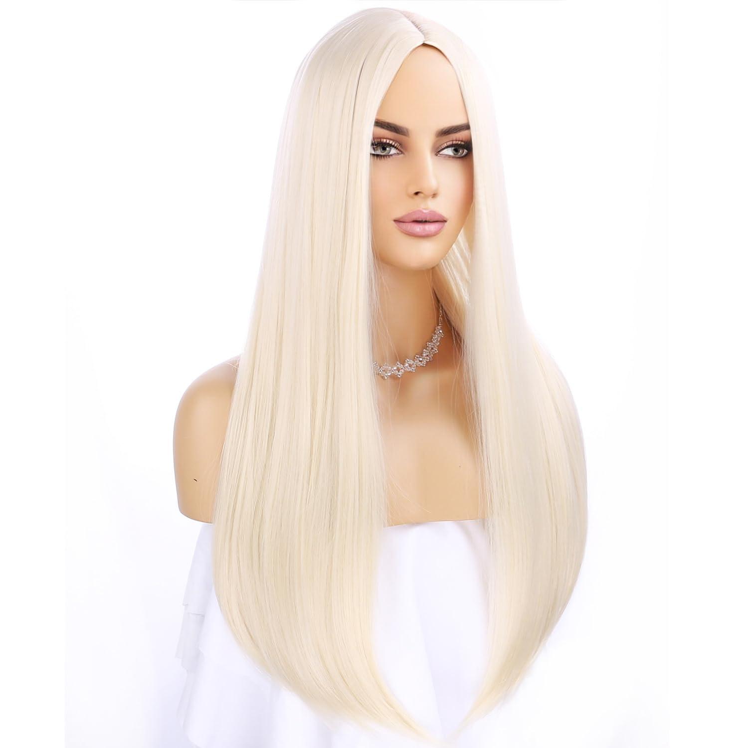 imageFluorescent Green Long Straight Wig Lime Green Wig for Women Middle Part Silky Straight HairLight Blonde