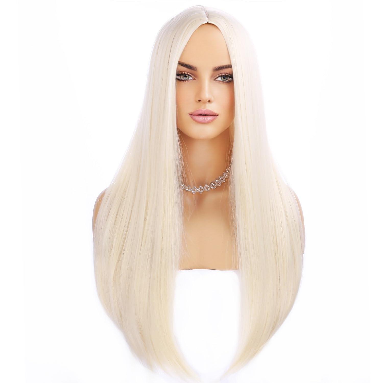 imageFluorescent Green Long Straight Wig Lime Green Wig for Women Middle Part Silky Straight HairLight Blonde