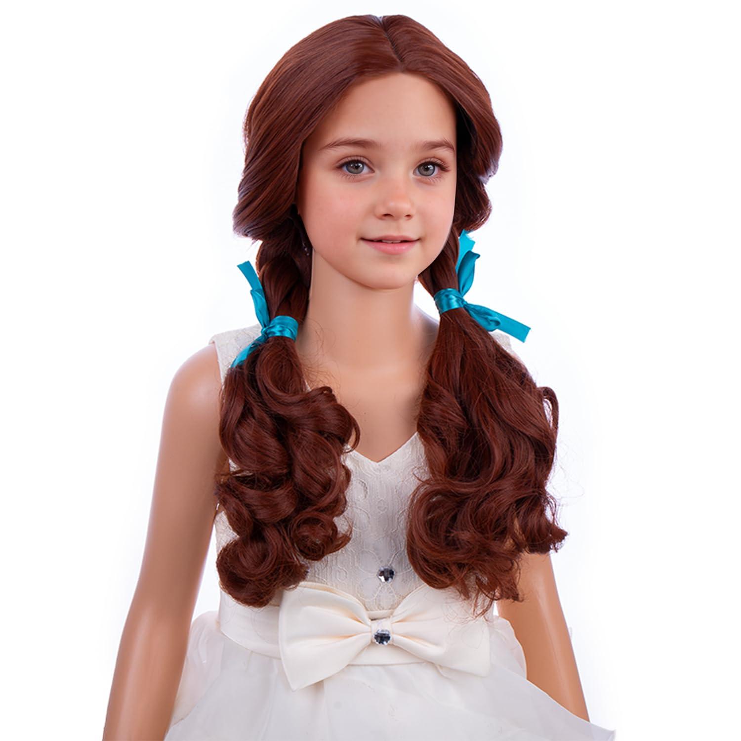 imageGirls Light Brown Wigs with Double Braids Kids Long Cosplay Brown Wigs Children Synthetic Halloween Costume Hair