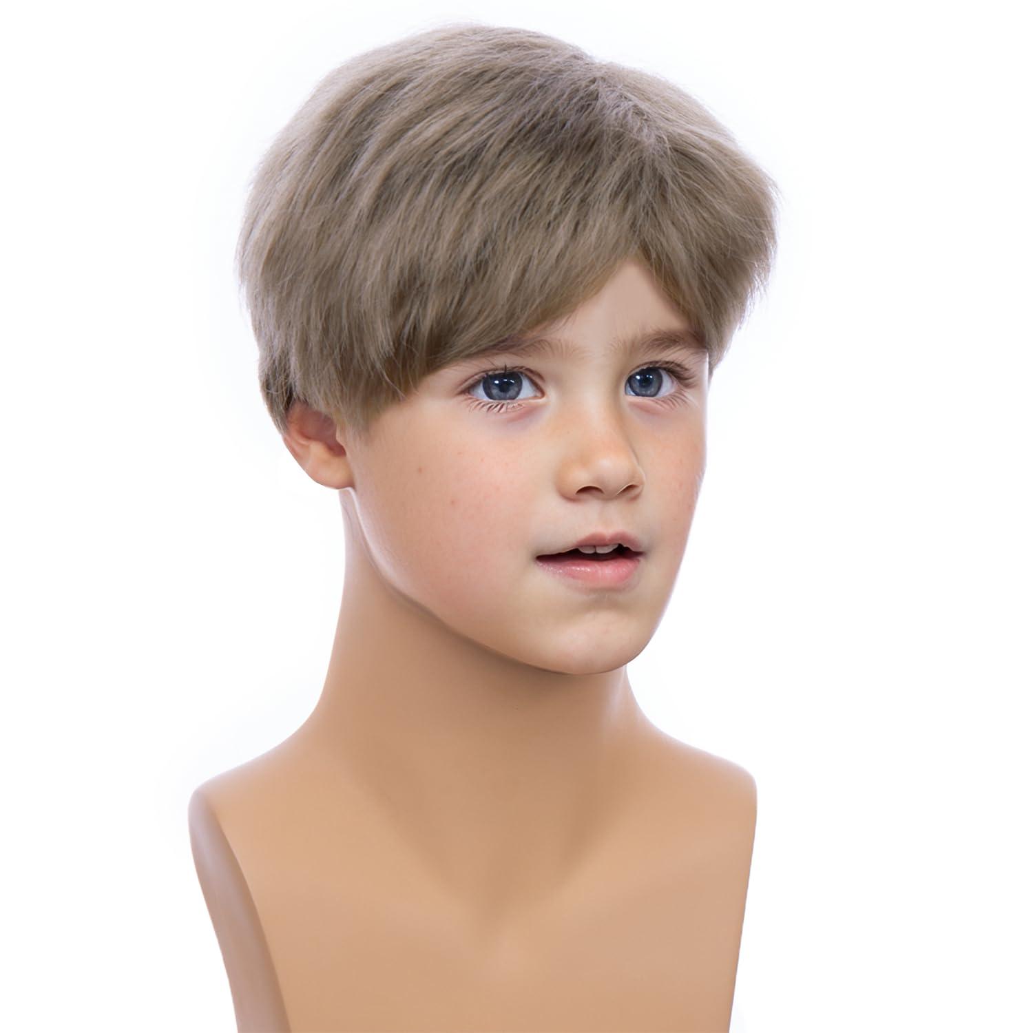imageKids Black Wig Boys Short Black Straight Wigs Children Side Part Wig Synthetic Cosplay Costume Halloween Daily WigsAsh Blonde