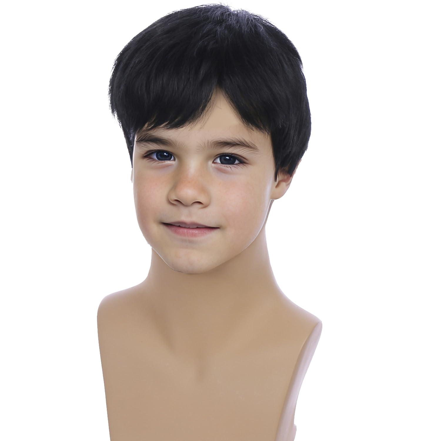 imageKids Black Wig Boys Short Black Straight Wigs Children Side Part Wig Synthetic Cosplay Costume Halloween Daily WigsBlack