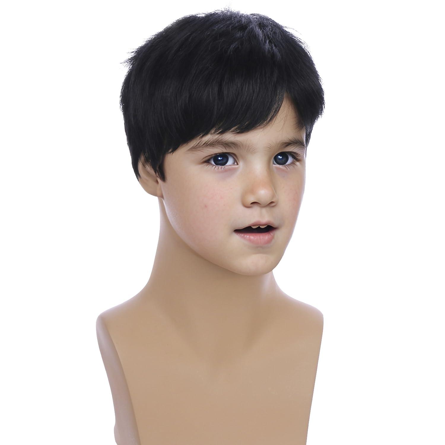imageKids Black Wig Boys Short Black Straight Wigs Children Side Part Wig Synthetic Cosplay Costume Halloween Daily WigsBlack