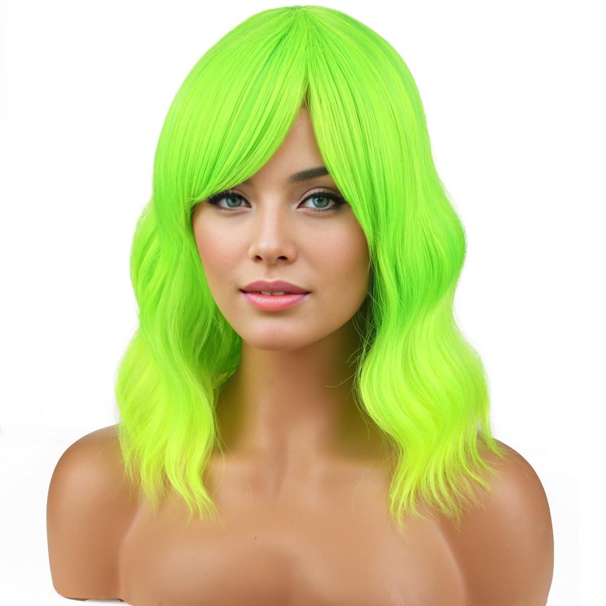 imageLime Green Wig Short Wavy Fluorescent Green Wigs for Women Girls Green Wig with Bangs Synthetic WigsLime Green