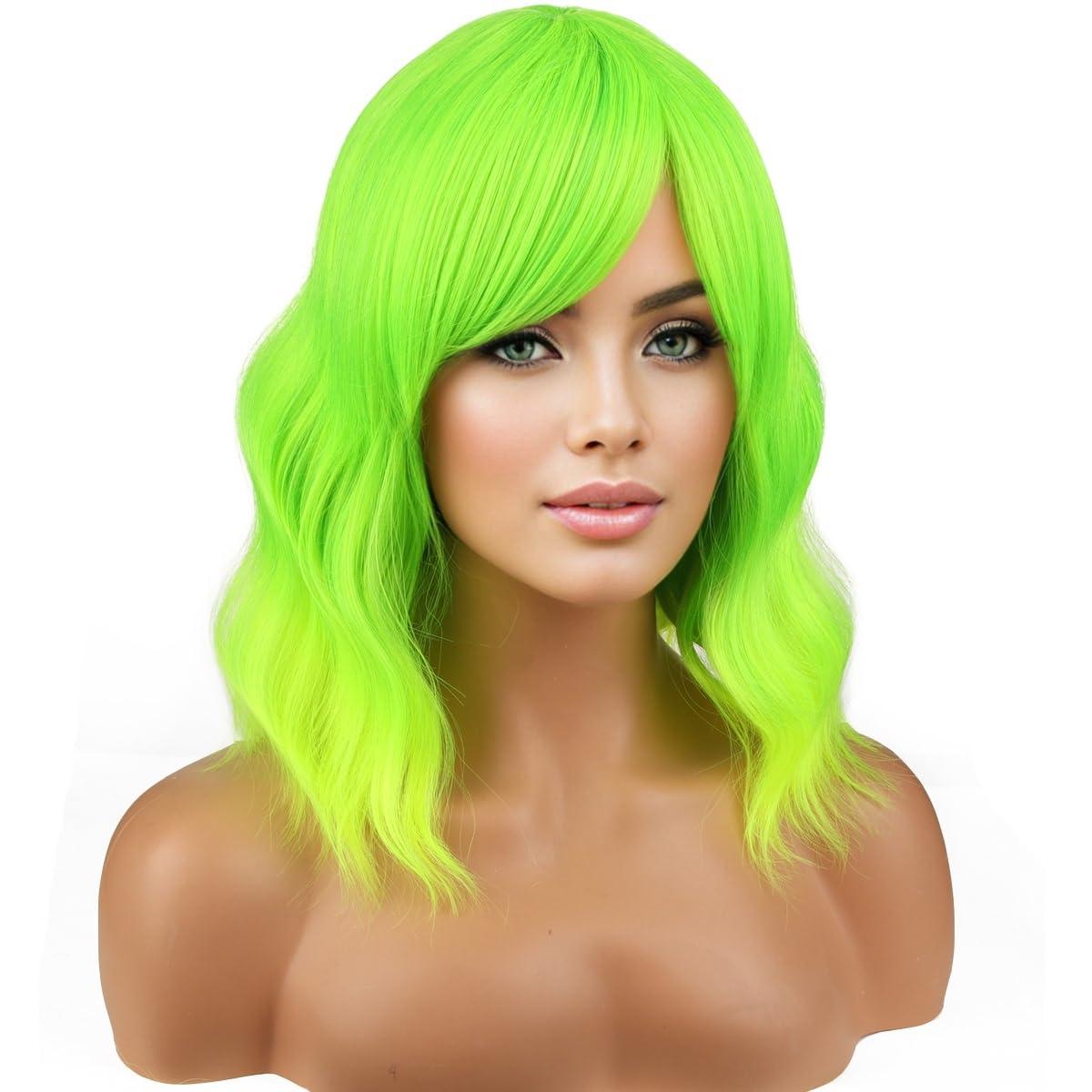 imageLime Green Wig Short Wavy Fluorescent Green Wigs for Women Girls Green Wig with Bangs Synthetic WigsLime Green