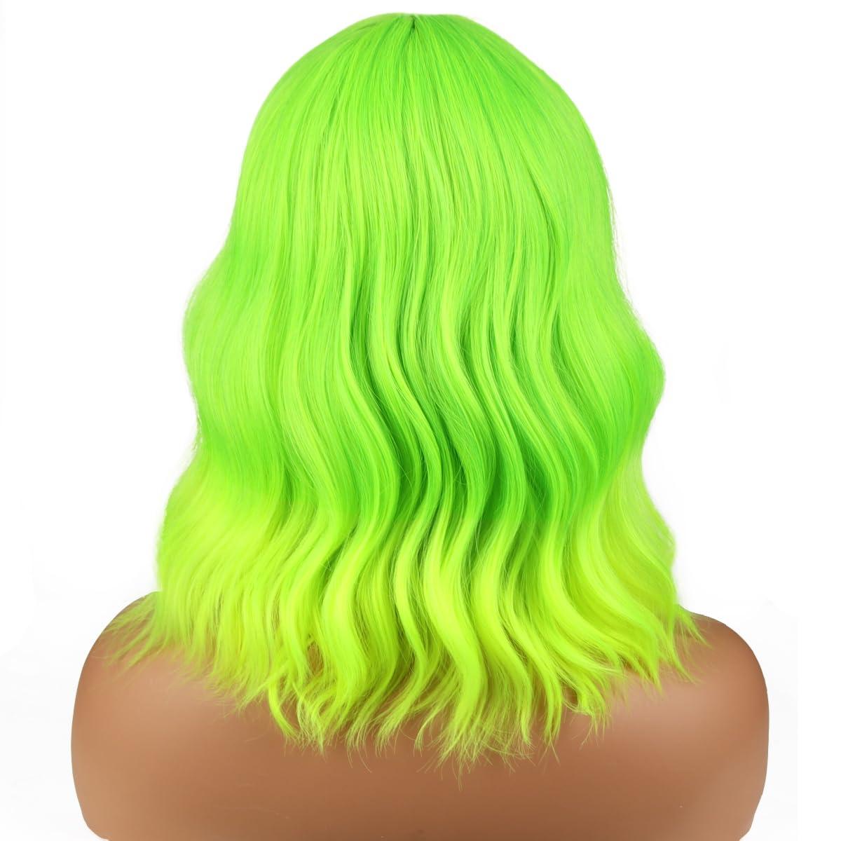 imageLime Green Wig Short Wavy Fluorescent Green Wigs for Women Girls Green Wig with Bangs Synthetic WigsLime Green