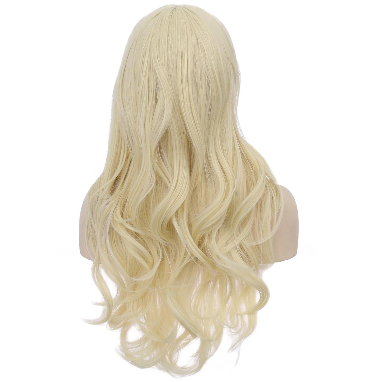 imageLong Strawberry Blonde Wig with Bangs Blonde Wavy Curly Wig for Women Synthetic Hair Heat Resistant WigsLight Blonde