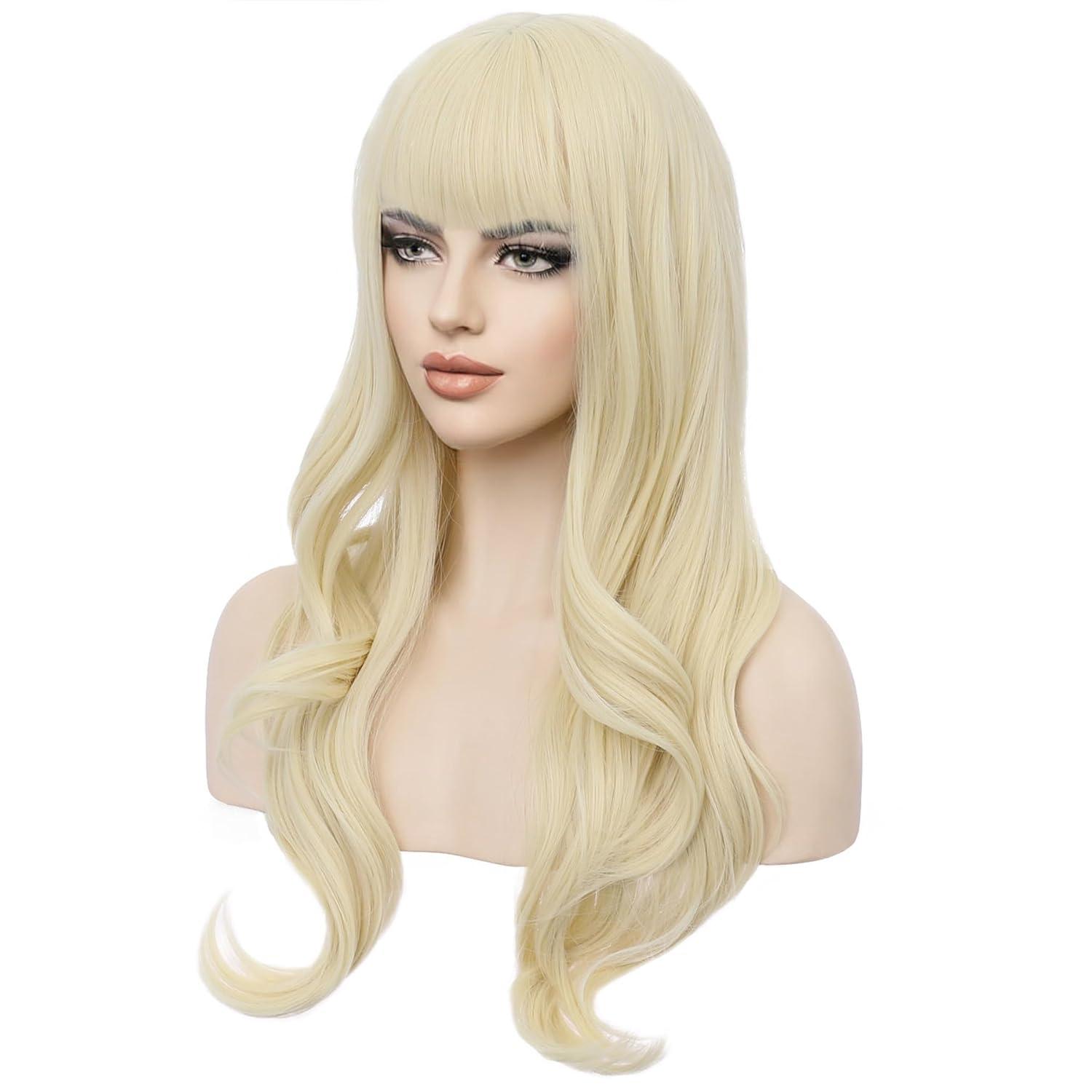 imageLong Strawberry Blonde Wig with Bangs Blonde Wavy Curly Wig for Women Synthetic Hair Heat Resistant WigsLight Blonde