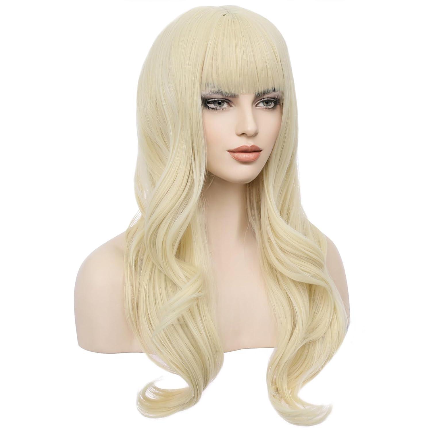 imageLong Strawberry Blonde Wig with Bangs Blonde Wavy Curly Wig for Women Synthetic Hair Heat Resistant WigsLight Blonde