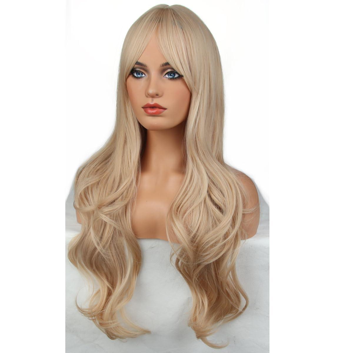 imageLong Strawberry Blonde Wig with Bangs Blonde Wavy Curly Wig for Women Synthetic Hair Heat Resistant WigsStrawberry Blonde