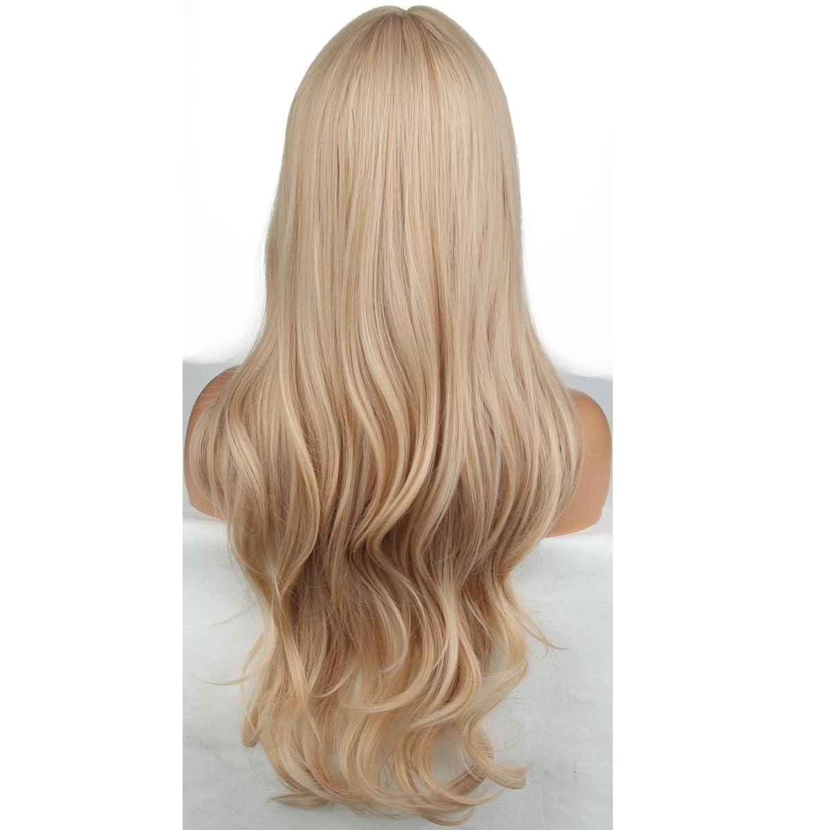 imageLong Strawberry Blonde Wig with Bangs Blonde Wavy Curly Wig for Women Synthetic Hair Heat Resistant WigsStrawberry Blonde