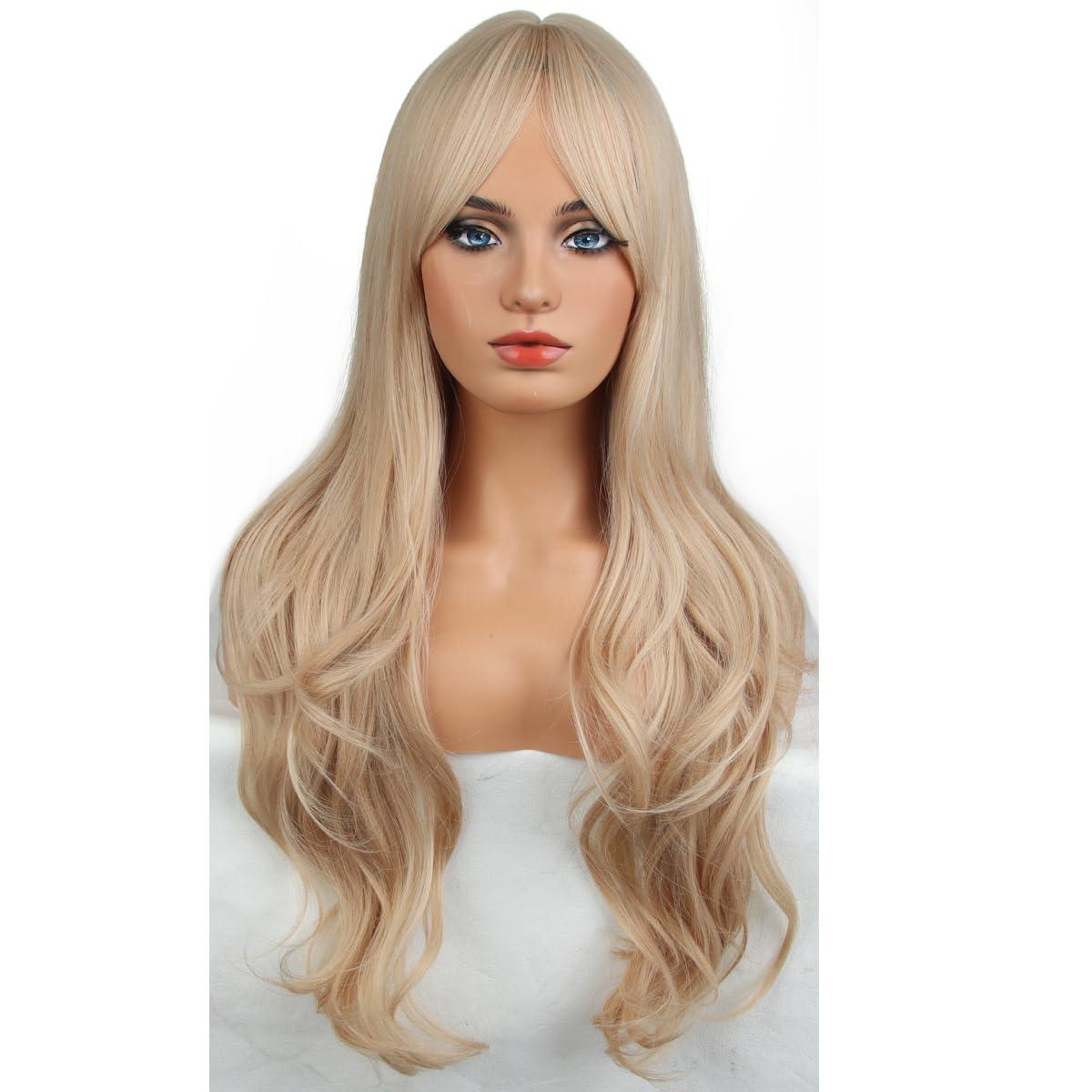 imageLong Strawberry Blonde Wig with Bangs Blonde Wavy Curly Wig for Women Synthetic Hair Heat Resistant WigsStrawberry Blonde