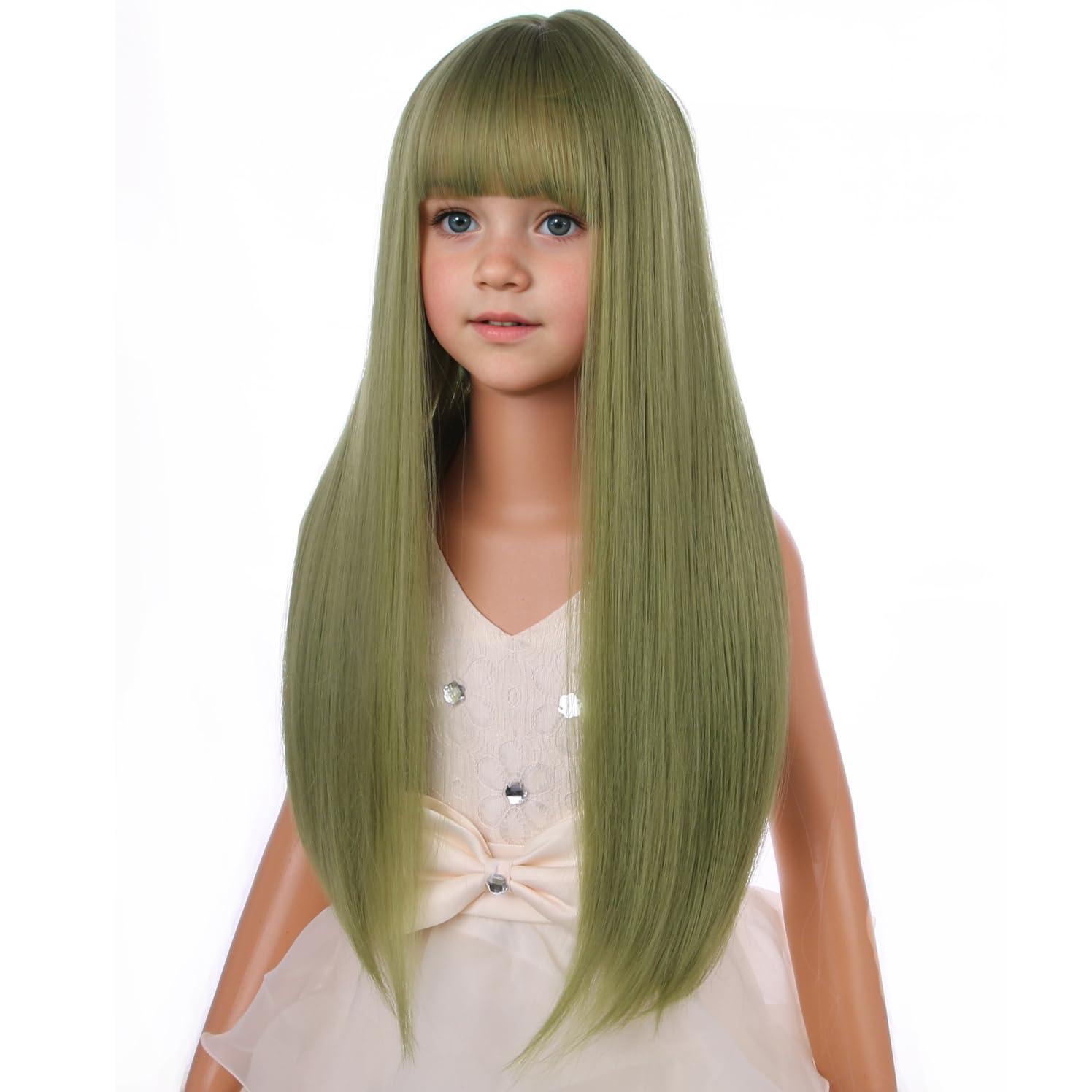 imageMatcha Green Wig for Girls Kids Green Wig with Bangs Child Long Straight Green Synthetic Wig with Wig Cap