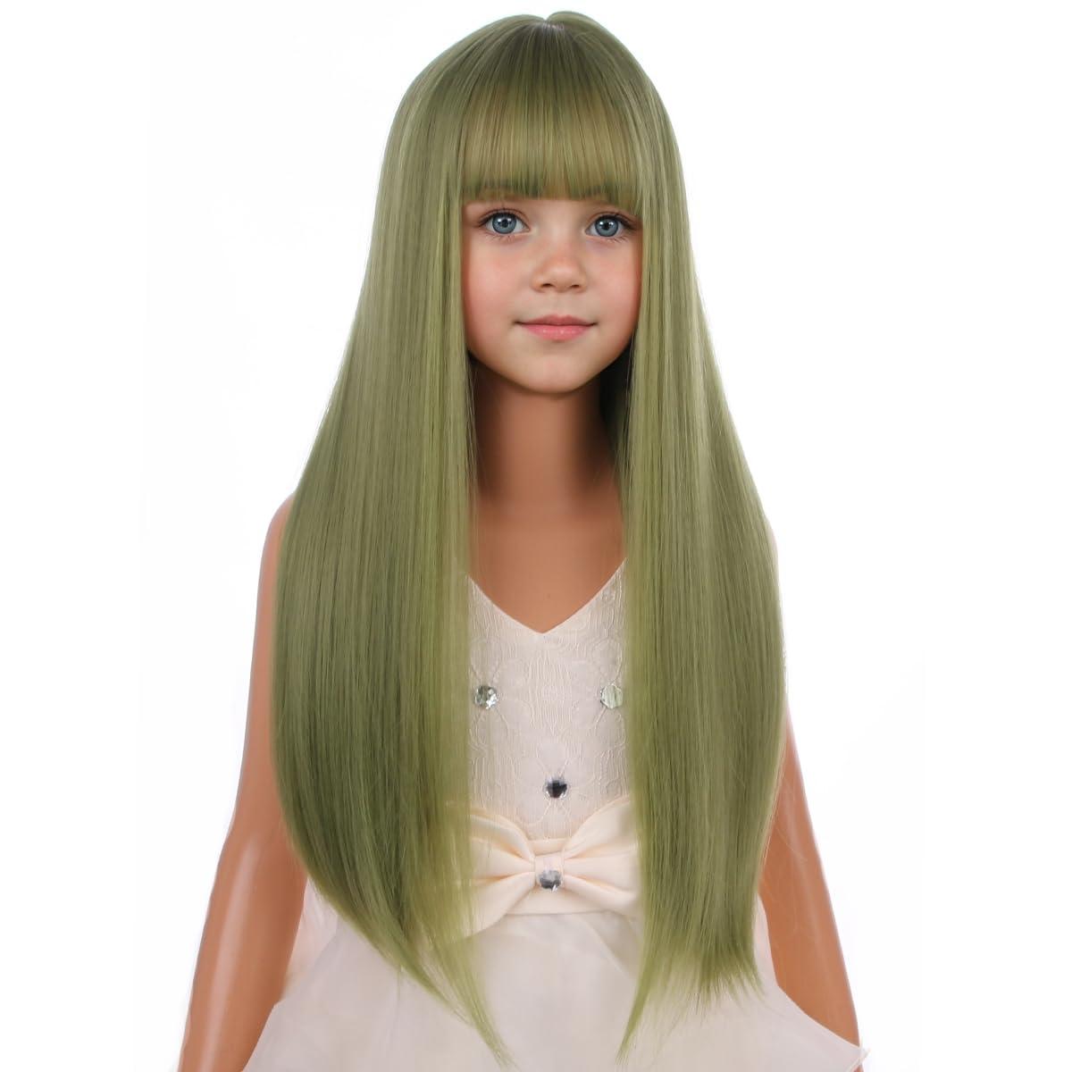 imageMatcha Green Wig for Girls Kids Green Wig with Bangs Child Long Straight Green Synthetic Wig with Wig Cap