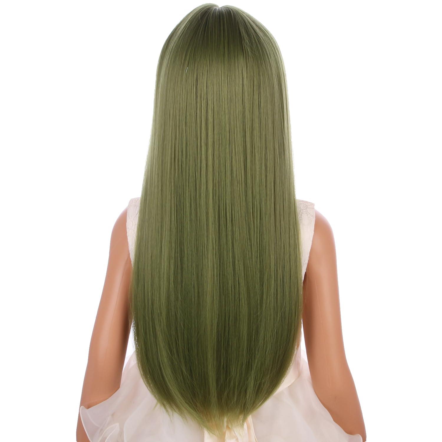 imageMatcha Green Wig for Girls Kids Green Wig with Bangs Child Long Straight Green Synthetic Wig with Wig Cap