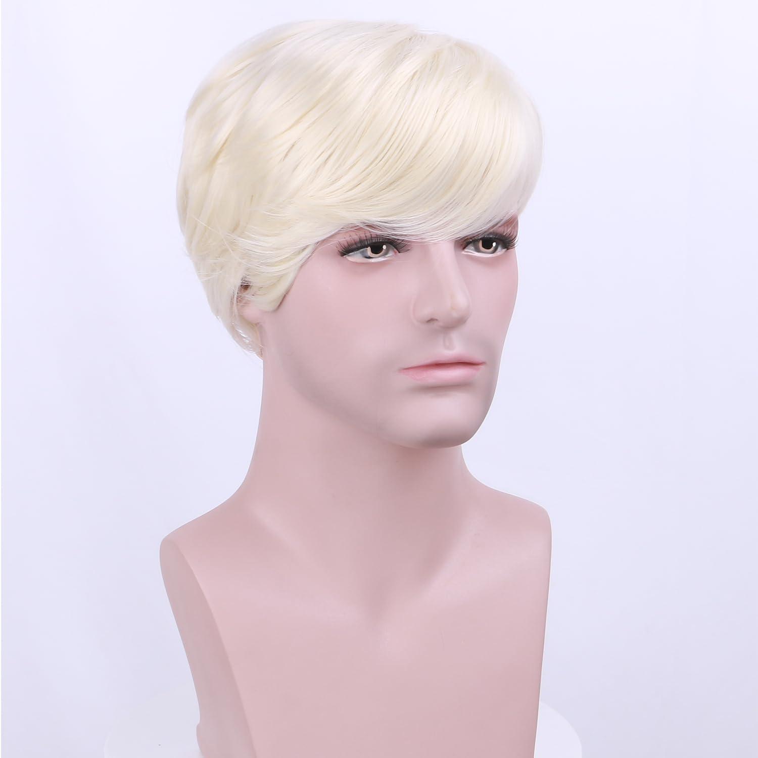 imageMens Blonde Wig Short Straight Blonde Wig Male Wig Heat Resistant Synthetic Wig with Scarf
