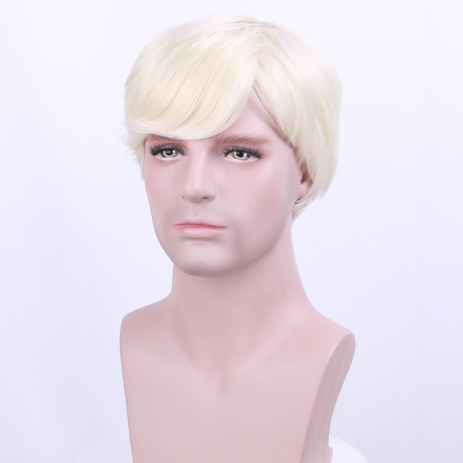 imageMens Blonde Wig Short Straight Blonde Wig Male Wig Heat Resistant Synthetic Wig with Scarf