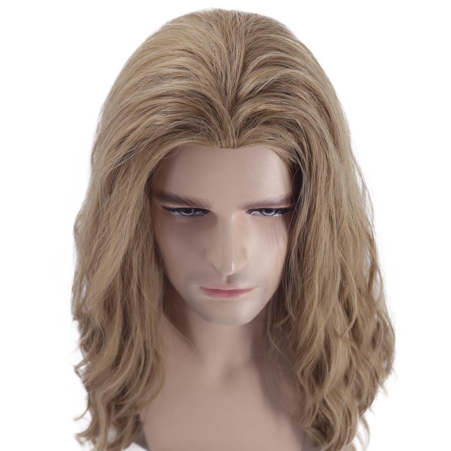 imageMens Light Blonde Wig Long Wavy Blonde Wig for Men Male Shoulder Length Hair Synthetic WigsAsh Blonde