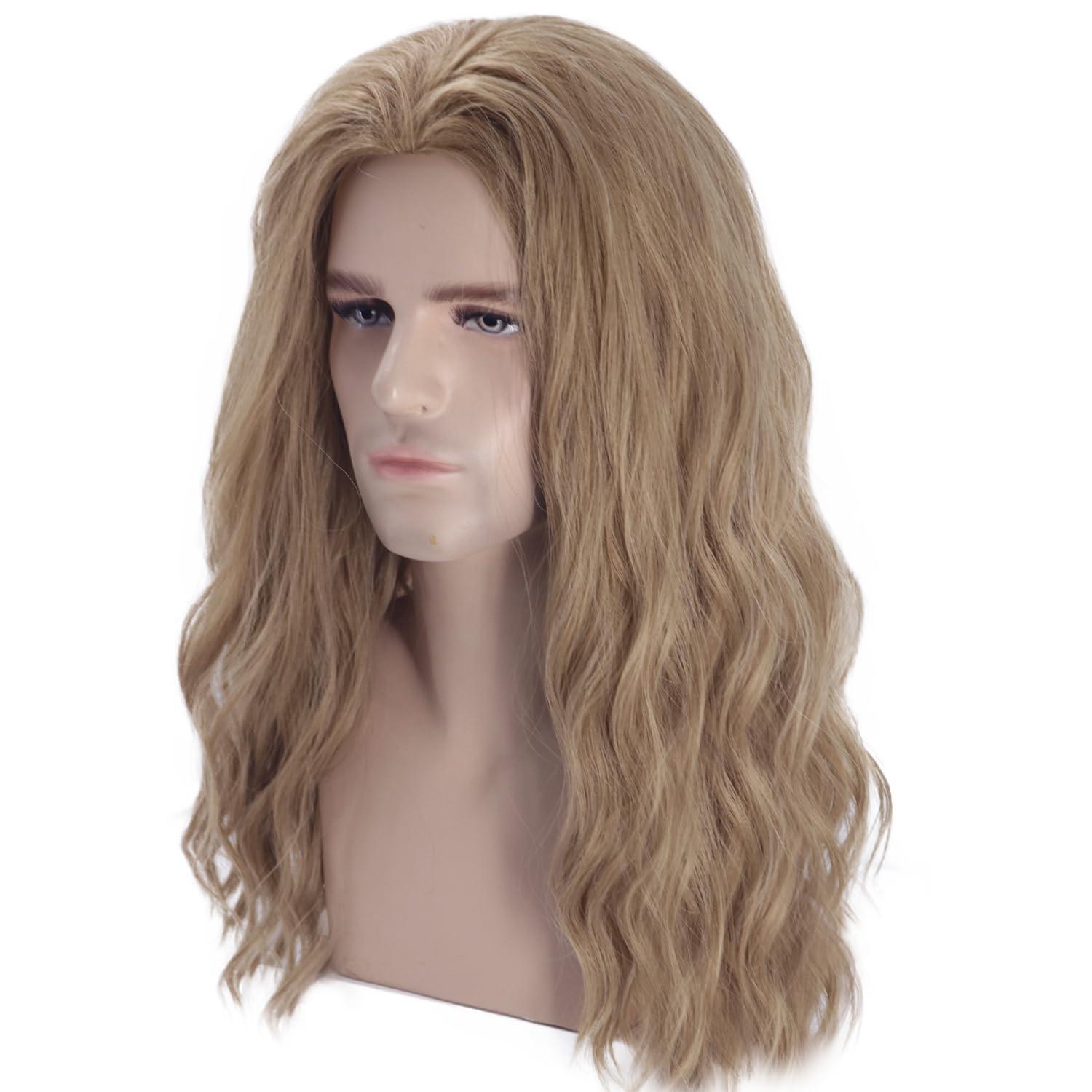 imageMens Light Blonde Wig Long Wavy Blonde Wig for Men Male Shoulder Length Hair Synthetic WigsAsh Blonde