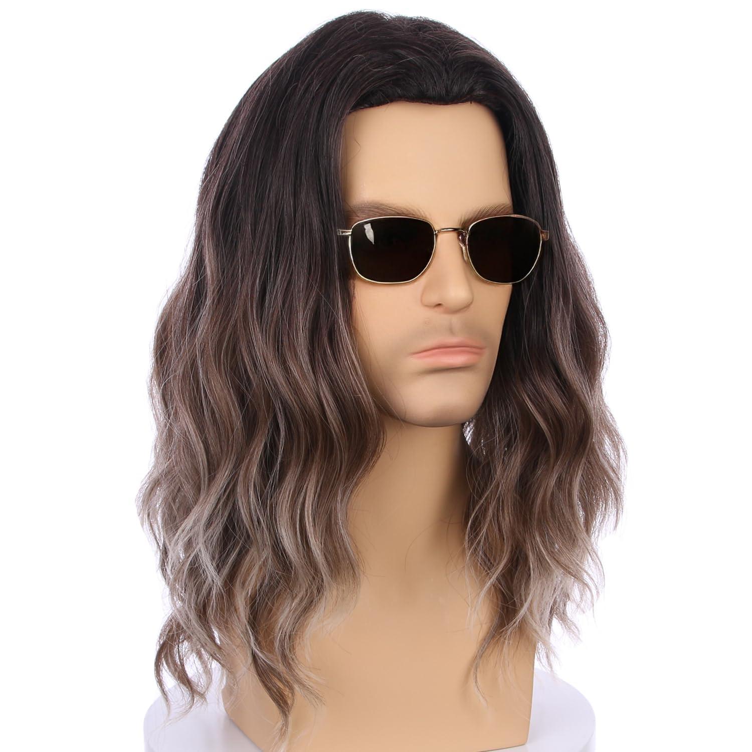 imageMens Light Blonde Wig Long Wavy Blonde Wig for Men Male Shoulder Length Hair Synthetic WigsBrown to Blonde