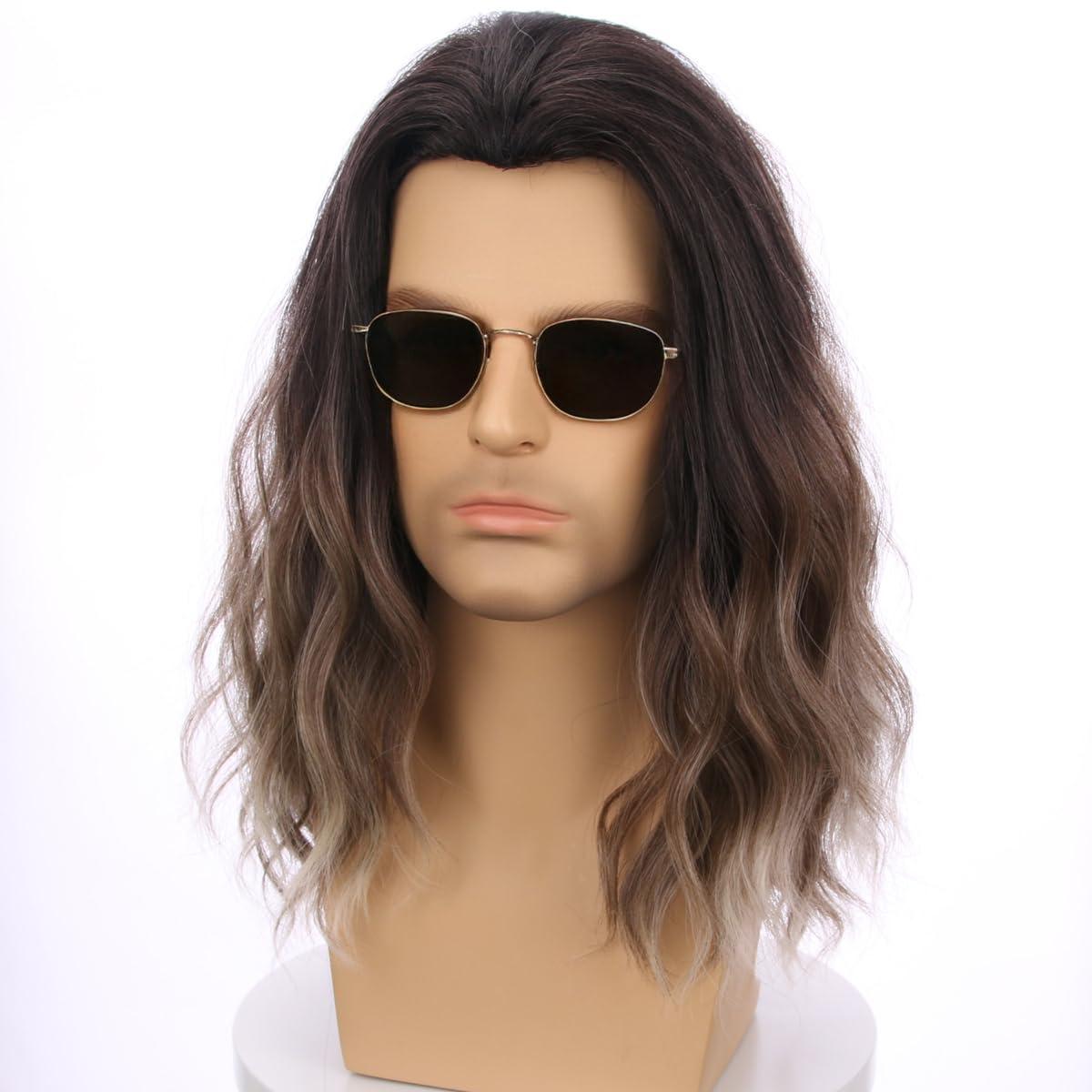 imageMens Light Blonde Wig Long Wavy Blonde Wig for Men Male Shoulder Length Hair Synthetic WigsBrown to Blonde