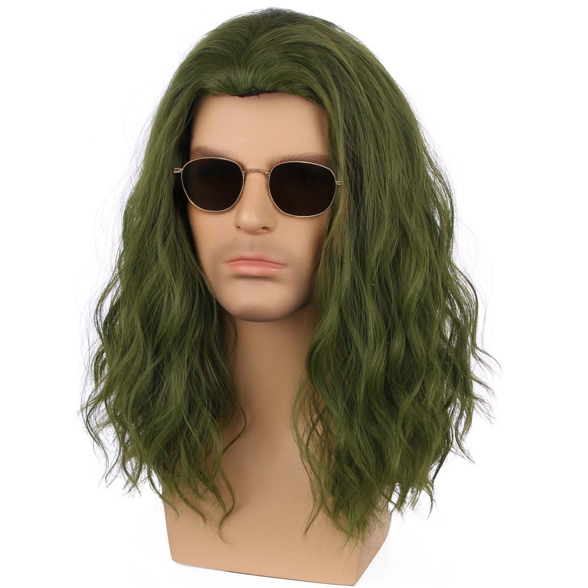 imageMens Light Blonde Wig Long Wavy Blonde Wig for Men Male Shoulder Length Hair Synthetic WigsGreen