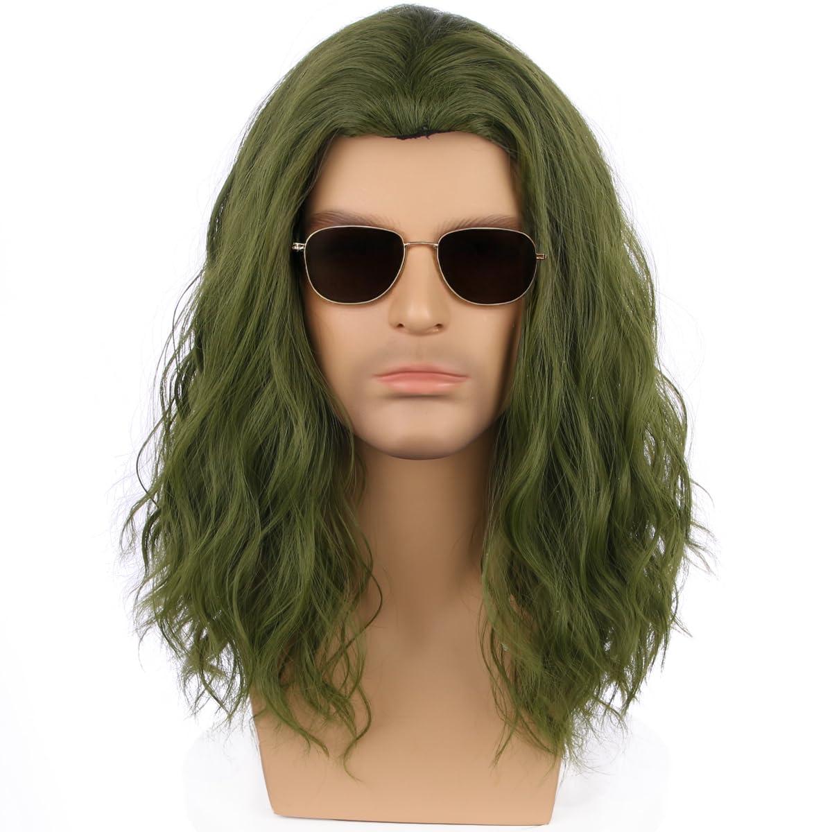 imageMens Light Blonde Wig Long Wavy Blonde Wig for Men Male Shoulder Length Hair Synthetic WigsGreen