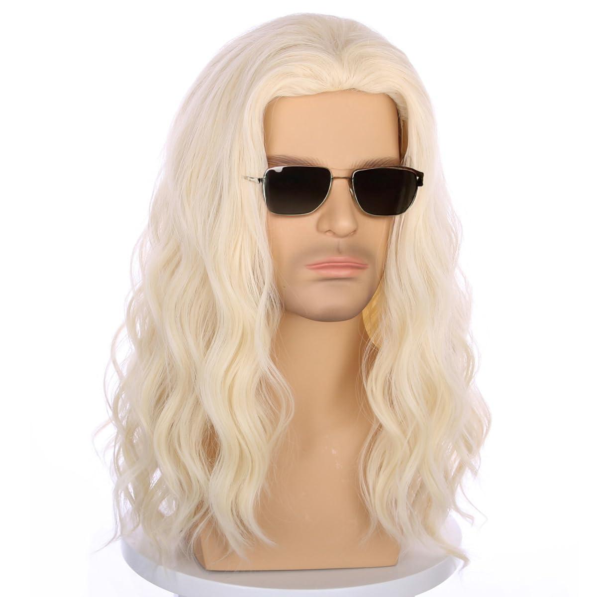 imageMens Light Blonde Wig Long Wavy Blonde Wig for Men Male Shoulder Length Hair Synthetic WigsLight Blonde