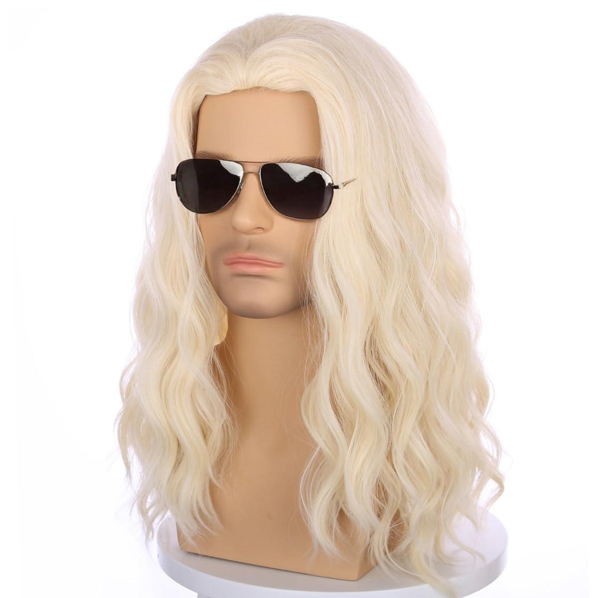 imageMens Light Blonde Wig Long Wavy Blonde Wig for Men Male Shoulder Length Hair Synthetic WigsLight Blonde