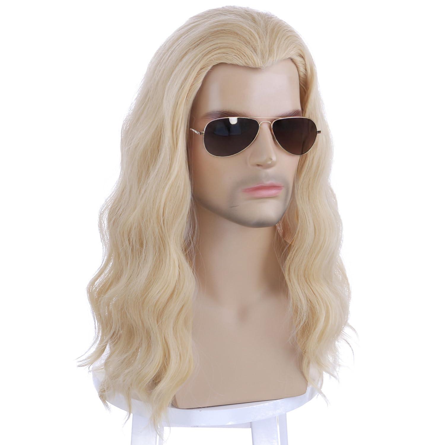 imageMens Light Blonde Wig Long Wavy Blonde Wig for Men Male Shoulder Length Hair Synthetic WigsMixed Blonde
