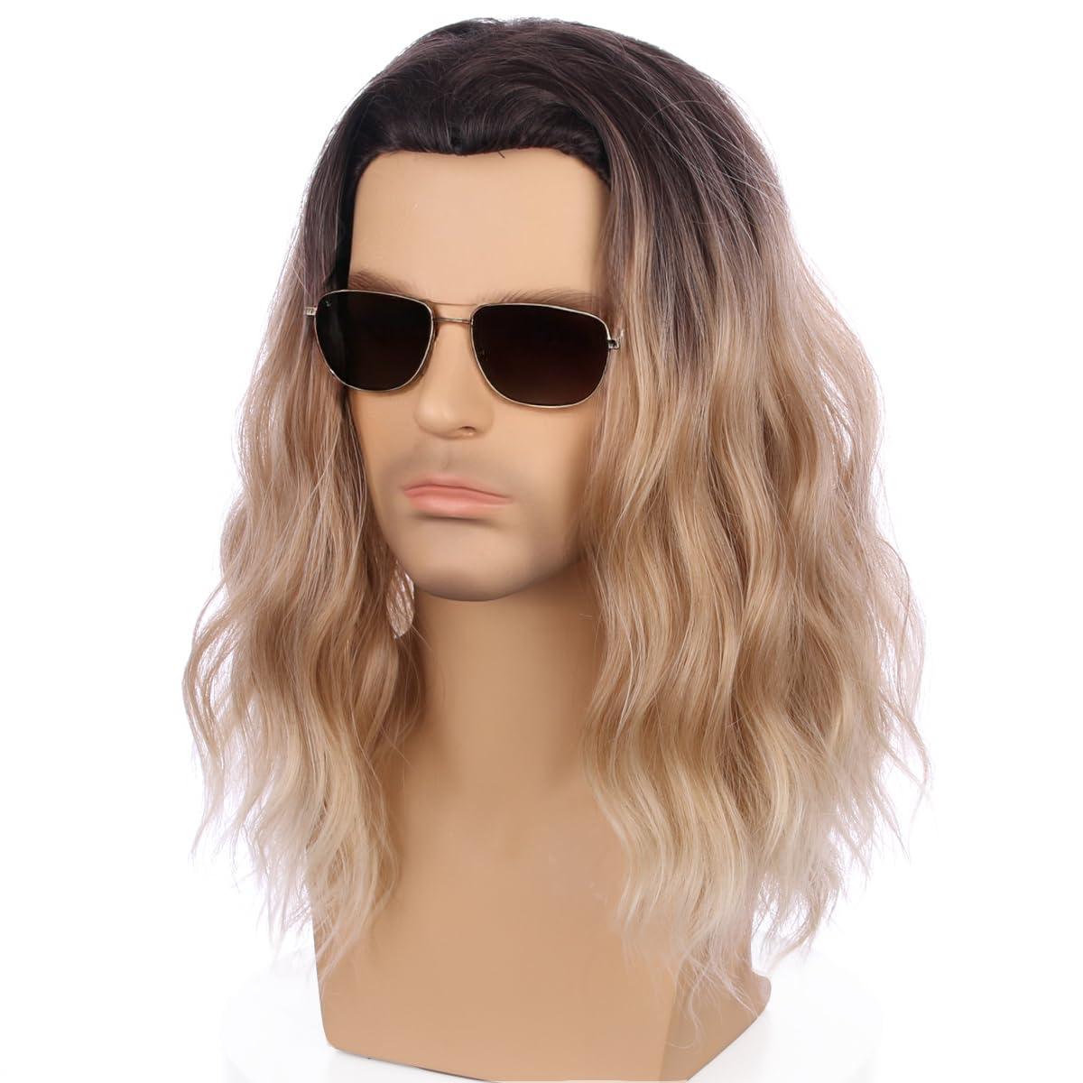 imageMens Light Blonde Wig Long Wavy Blonde Wig for Men Male Shoulder Length Hair Synthetic WigsOmbre Blonde