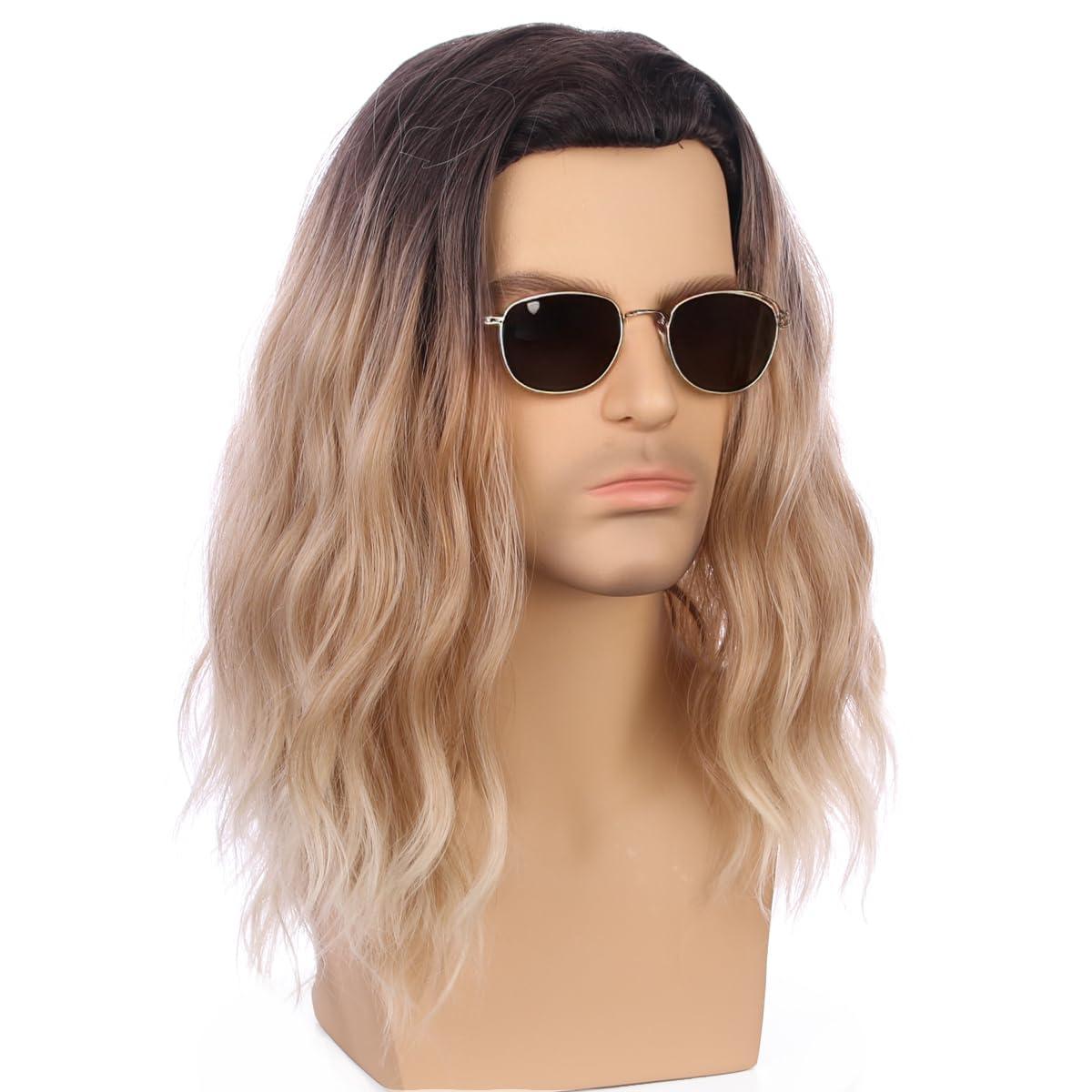 imageMens Light Blonde Wig Long Wavy Blonde Wig for Men Male Shoulder Length Hair Synthetic WigsOmbre Blonde